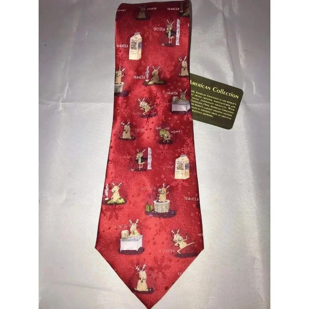 American Greetings Red 2005 Christmas Parody Reindeer 100% Silk Classic Neck Tie